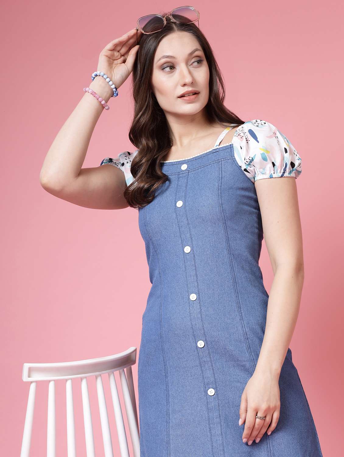 women solid puff sleeves straight dress