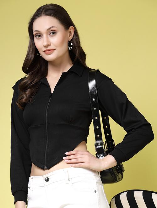 women solid collared long sleeves shirt top - 21910504 - Standard Image - 0