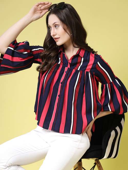 women striped collared flared top - 21910519 - Standard Image - 0