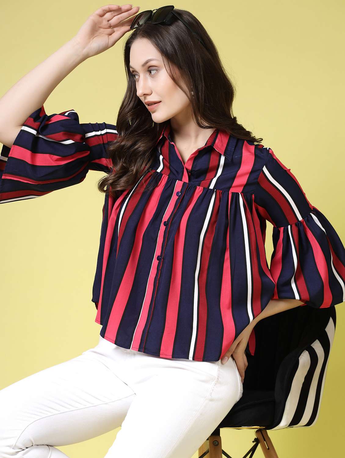 women striped collared flared top - 21910519 - Zoom Image - 0