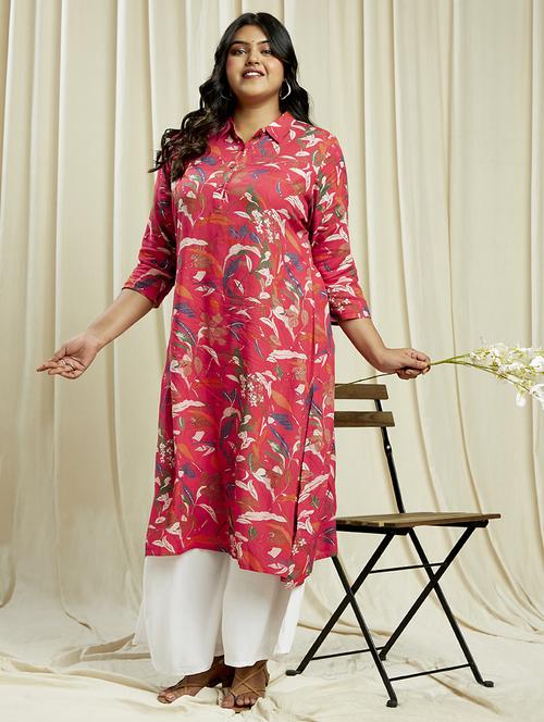 globus gloplus women pink shirt collar floral print button down straight plus size kurta - 21910553 -  Standard Image - 0
