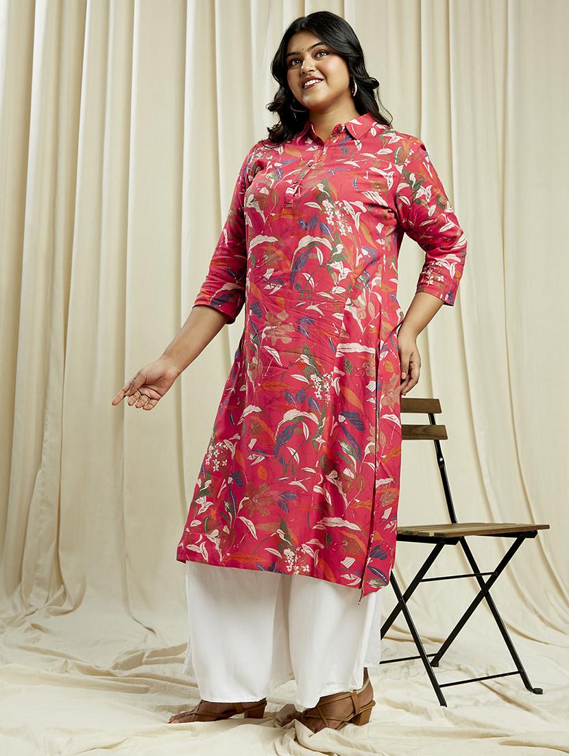 globus gloplus women pink shirt collar floral print button down straight plus size kurta - 21910553 -  Standard Image - 1