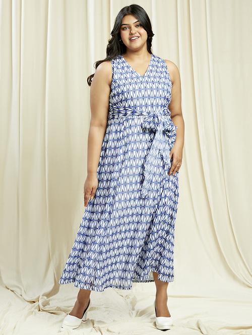 globus gloplus women blue v-neck abstract print waist tie-up plus size fit & flare midi dress - 21910563 - Standard Image - 0