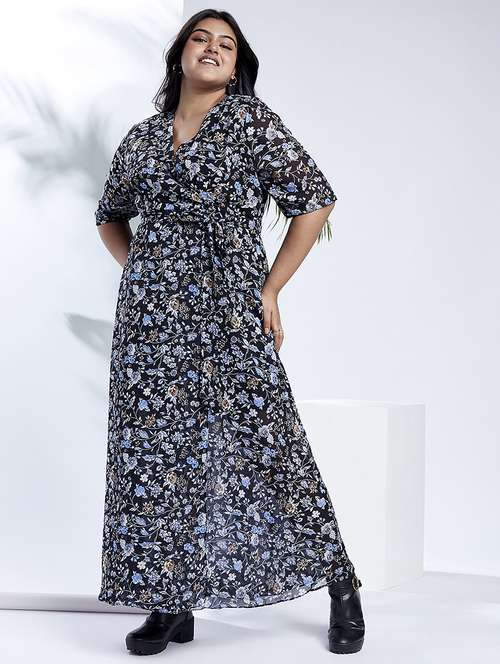 globus gloplus women navy v-neck floral print waist tie-up plus size maxi party wrap dress - 21910564 -  Standard Image - 0