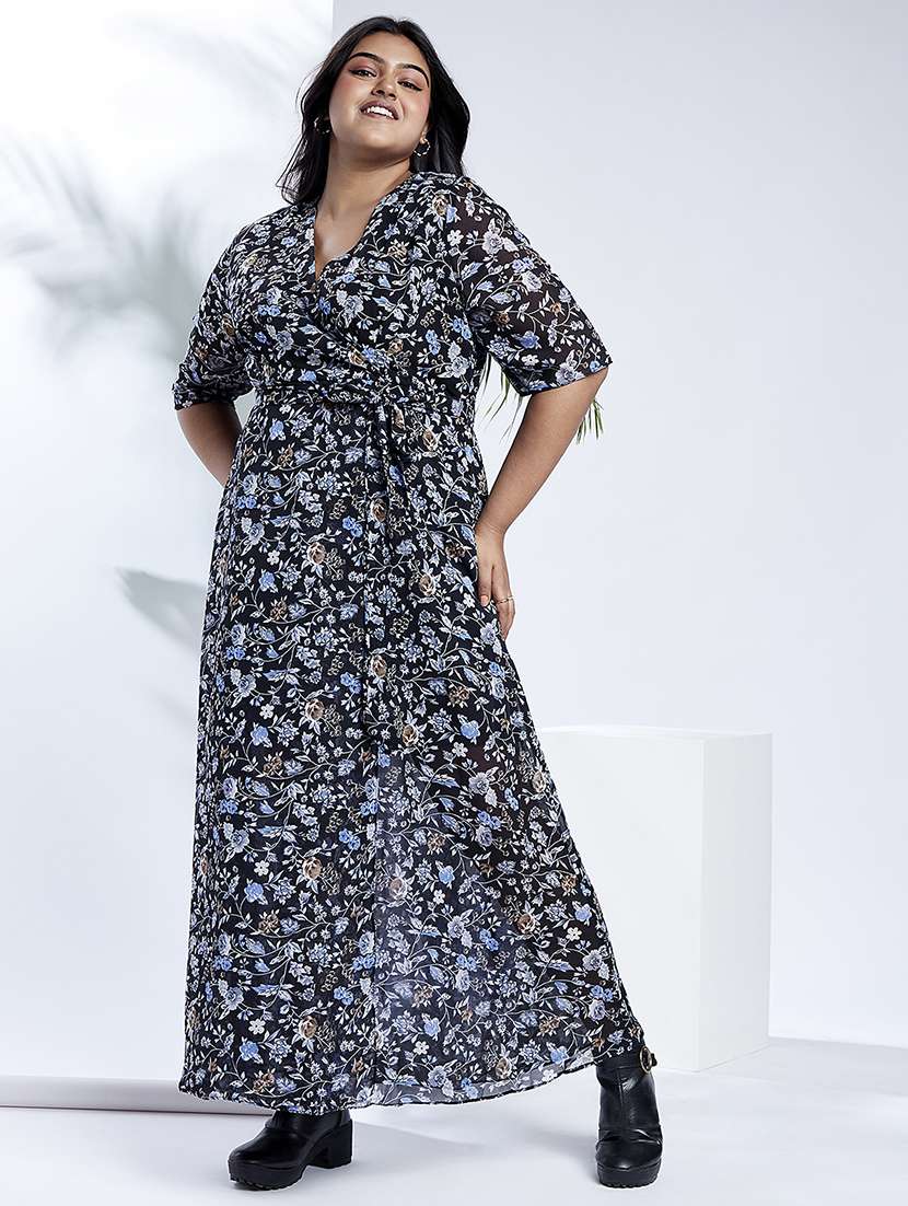 globus gloplus women navy v-neck floral print waist tie-up plus size maxi party wrap dress - 21910564 -  Zoom Image - 0