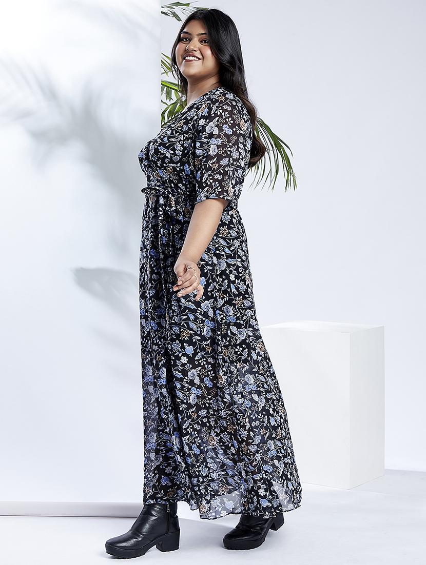 globus gloplus women navy v-neck floral print waist tie-up plus size maxi party wrap dress - 21910564 - Standard Image - 1