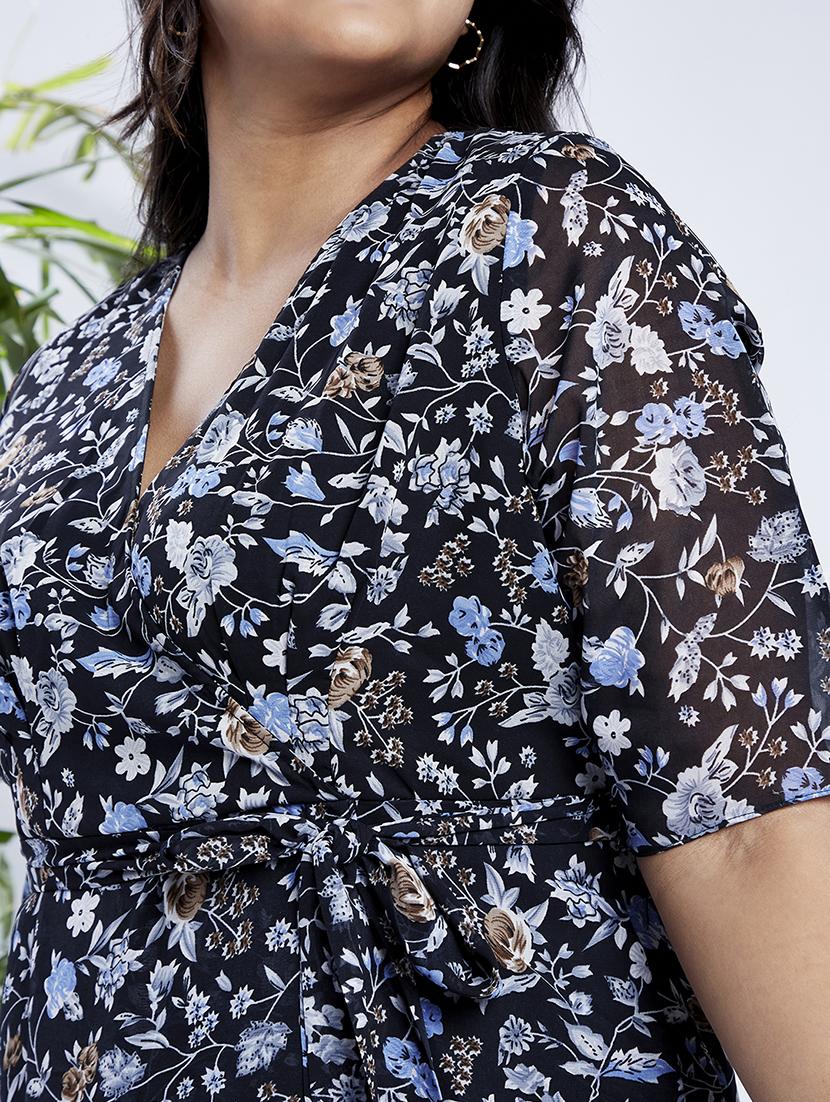globus gloplus women navy v-neck floral print waist tie-up plus size maxi party wrap dress - 21910564 - Standard Image - 4