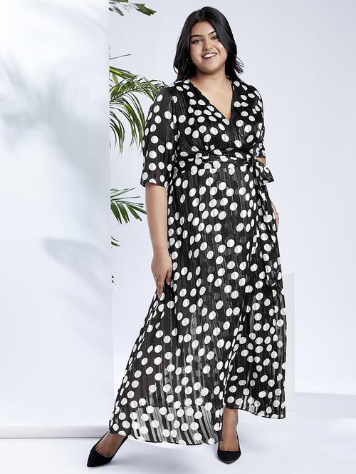 globus gloplus women black v-neck polka dots lurex detail waist tie-up plus size maxi party wrap dress - 21910565 - Standard Image - 0