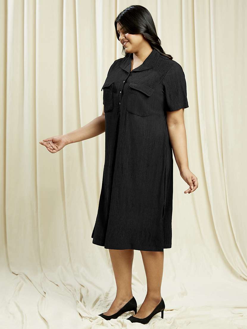 globus gloplus women black shirt collar self design pocket detail side slits plus size midi sheath dress - 21910567 -  Standard Image - 1