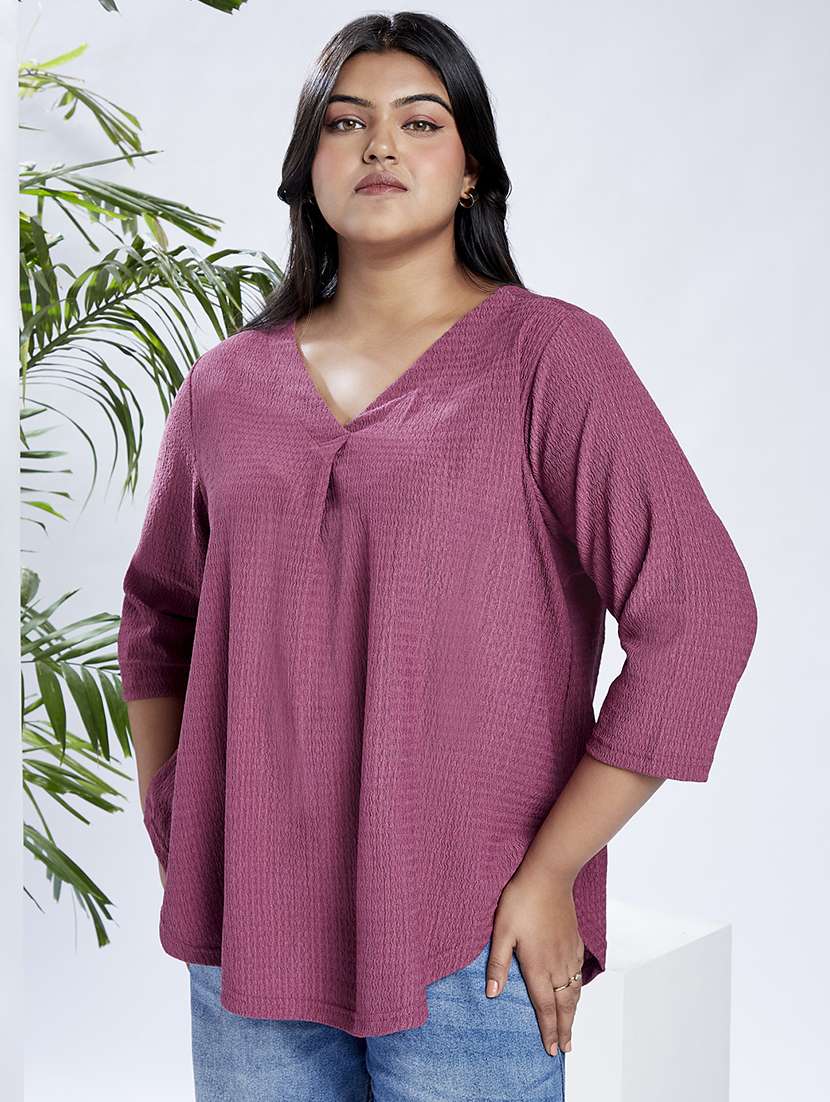 globus gloplus women mauve v-neck self design curved hem plus size workwear top
