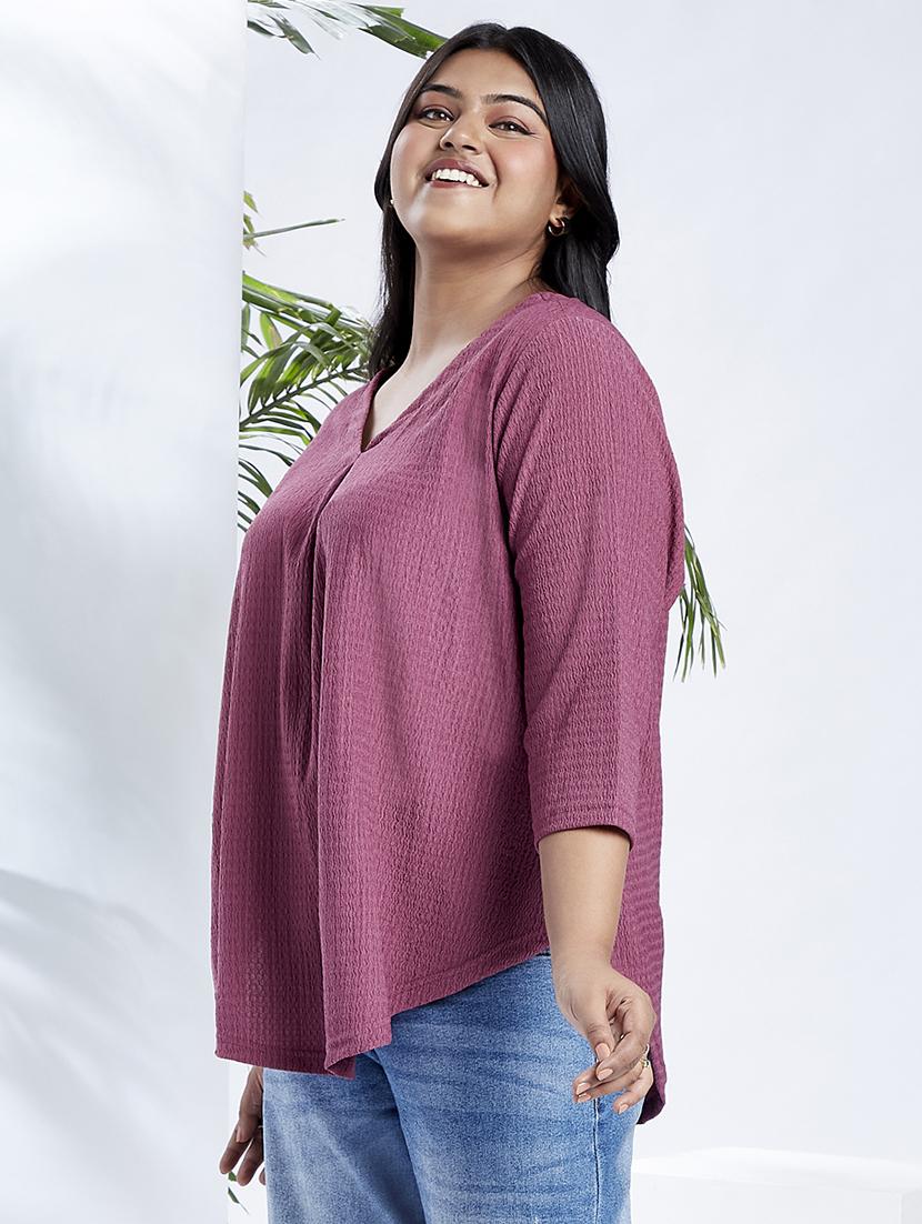 globus gloplus women mauve v-neck self design curved hem plus size workwear top - 21910569 - Standard Image - 1