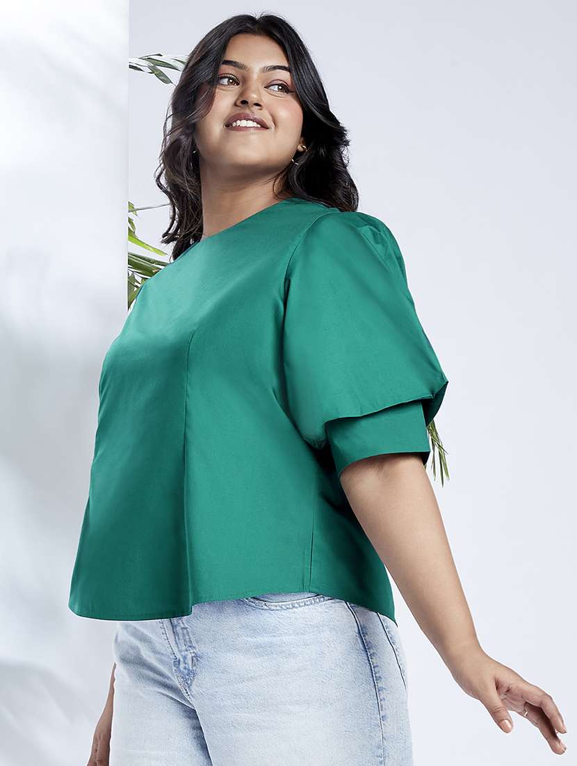 globus gloplus women green puff sleeves round neck back button plus size shirt style workwear top - 21910570 -  Standard Image - 1