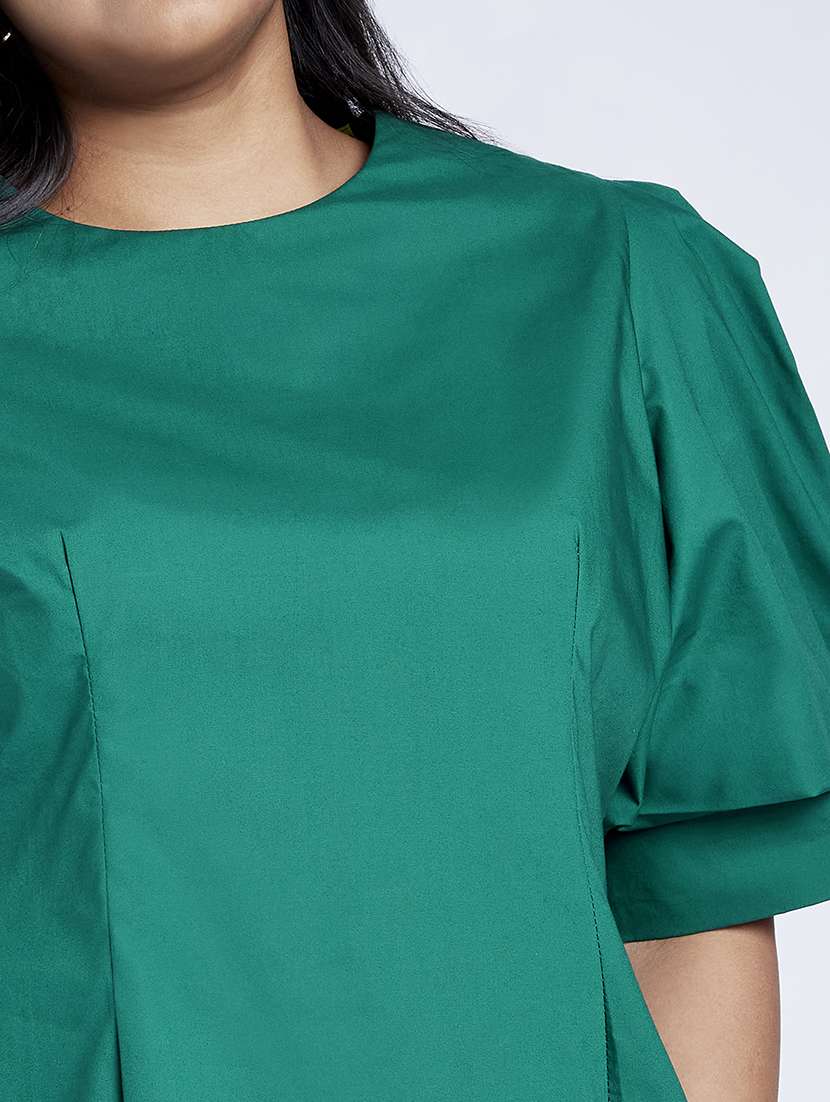 globus gloplus women green puff sleeves round neck back button plus size shirt style workwear top - 21910570 -  Standard Image - 4
