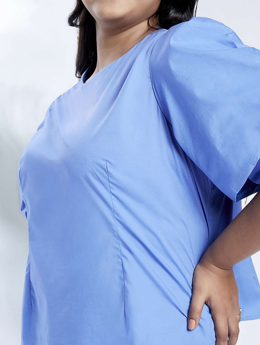 globus gloplus women blue puff sleeves round neck back button plus size shirt style workwear top - 21910571 -  Standard Image - 4