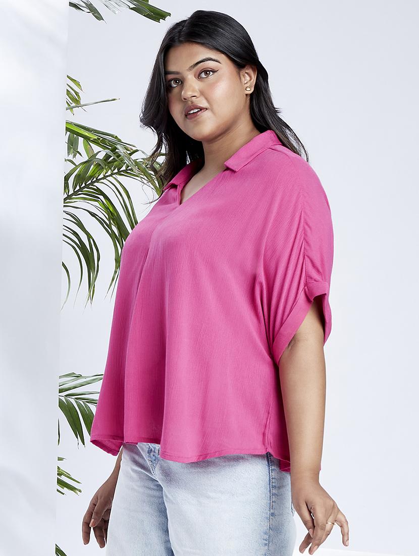 globus gloplus women pink collared v-neck extended sleeves self design plus size top - 21910572 -  Standard Image - 1
