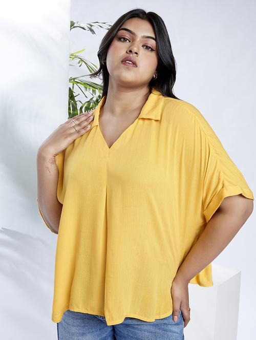 globus gloplus women yellow collared v-neck extended sleeves self design plus size top - 21910573 -  Standard Image - 0
