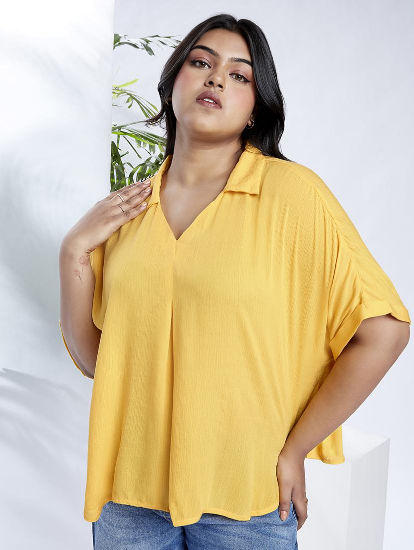 globus gloplus women yellow collared v-neck extended sleeves self design plus size top - 21910573 -  Zoom Image - 0