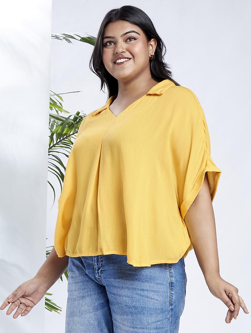 globus gloplus women yellow collared v-neck extended sleeves self design plus size top - 21910573 -  Standard Image - 1