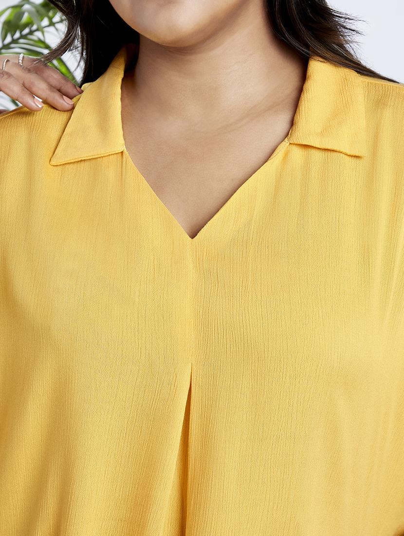 globus gloplus women yellow collared v-neck extended sleeves self design plus size top - 21910573 - Standard Image - 4