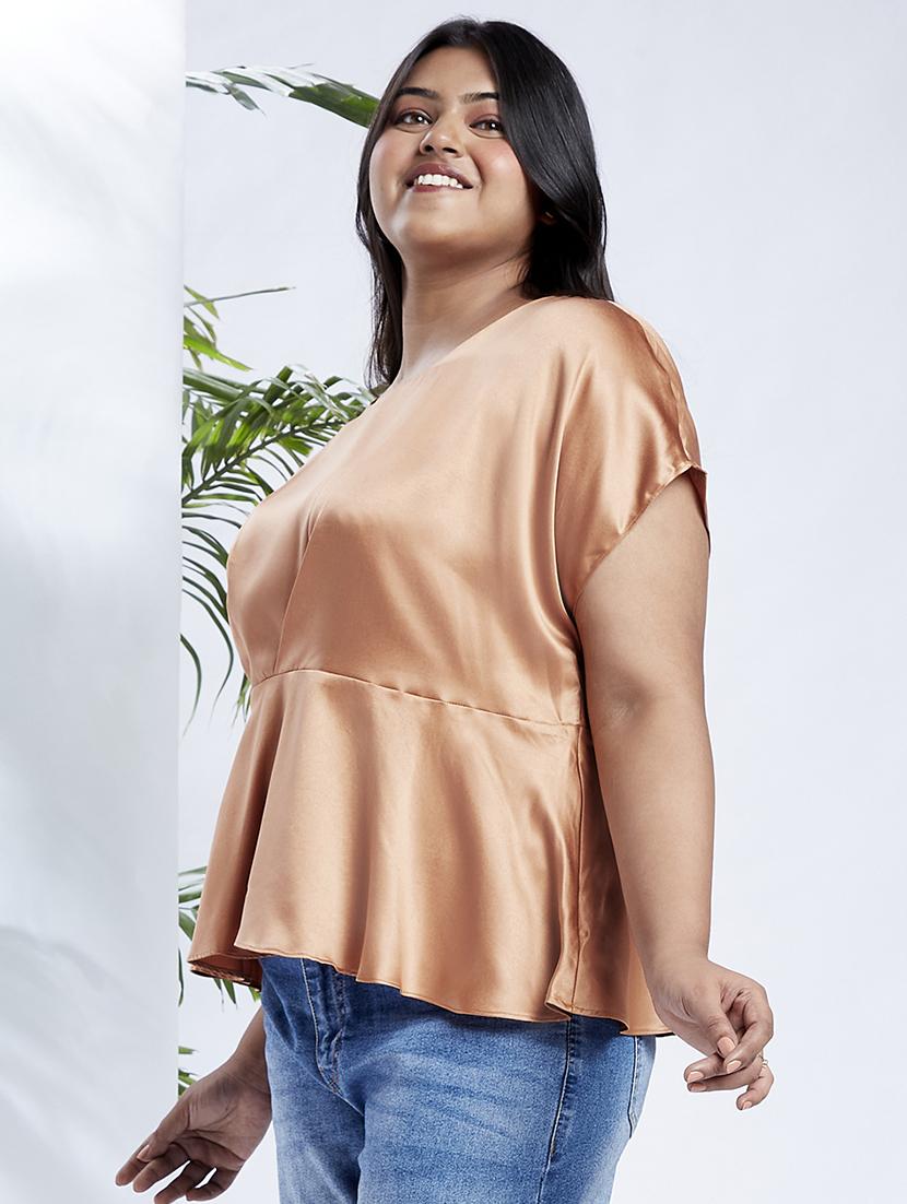 globus gloplus women peach round neck extended sleeves satin peplum plus size workwear top - 21910574 - Standard Image - 1
