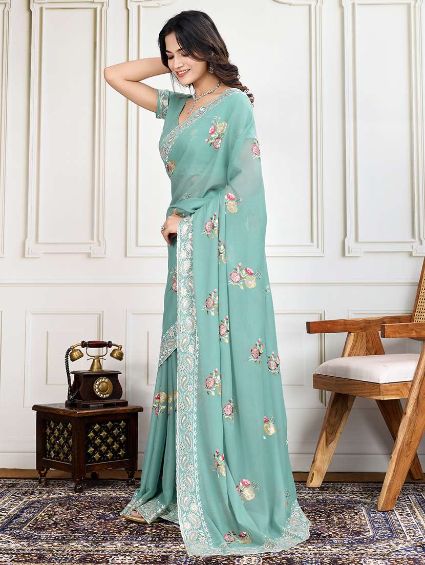women sea green embroidered saree with blouse - 21910577 -  Standard Image - 1
