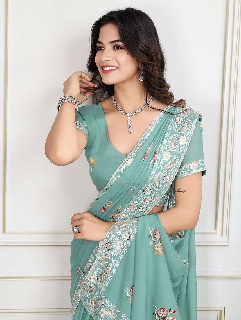 women sea green embroidered saree with blouse - 21910577 -  Standard Image - 4