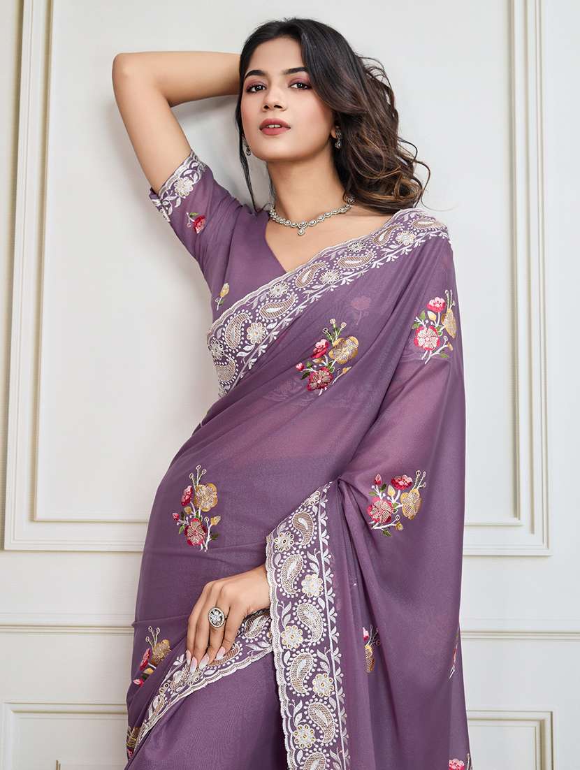 women lavender embroidered saree with blouse - 21910581 -  Standard Image - 4