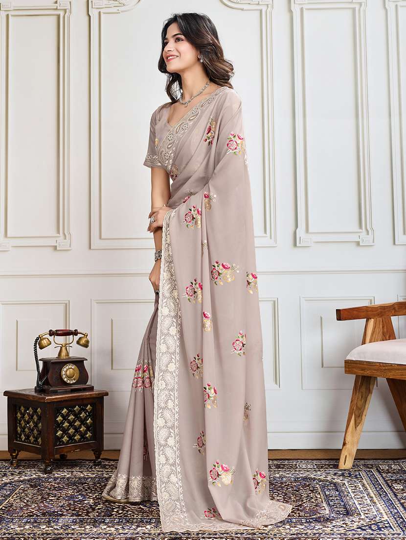 women beige embroidered saree with blouse - 21910582 -  Standard Image - 1