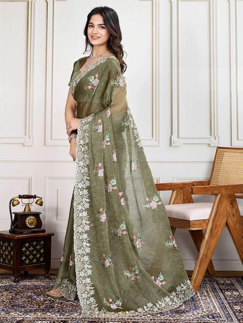 women olive embroidered saree with blouse - 21910585 -  Standard Image - 1