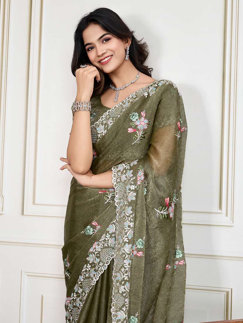 women olive embroidered saree with blouse - 21910585 -  Standard Image - 4