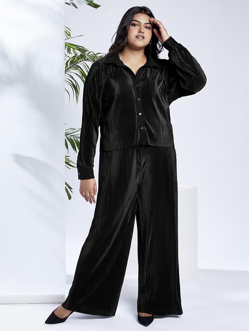 globus gloplus women black self design accordian pleats shirt style top with wide leg trousers plus size party co-ord set - 21910594 -  Standard Image - 0