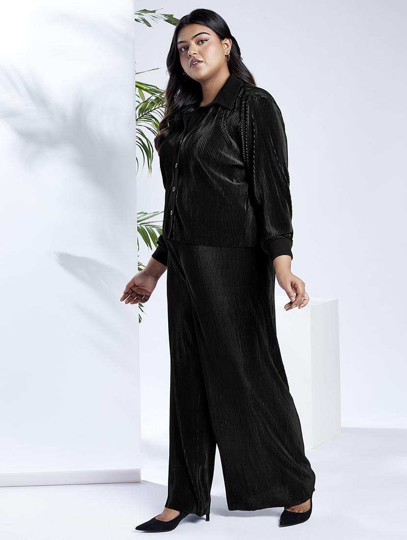 globus gloplus women black self design accordian pleats shirt style top with wide leg trousers plus size party co-ord set - 21910594 -  Standard Image - 1