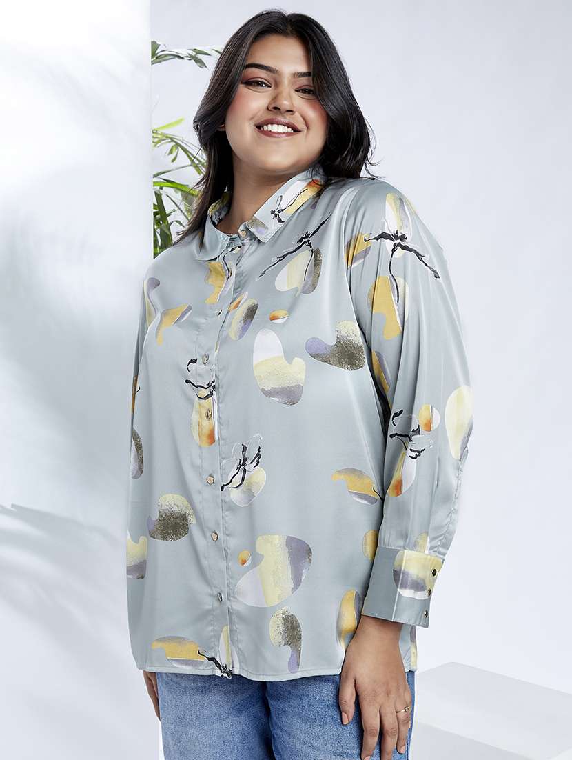 globus gloplus women blue collared neck cuff sleeves abstract print plus size shirt