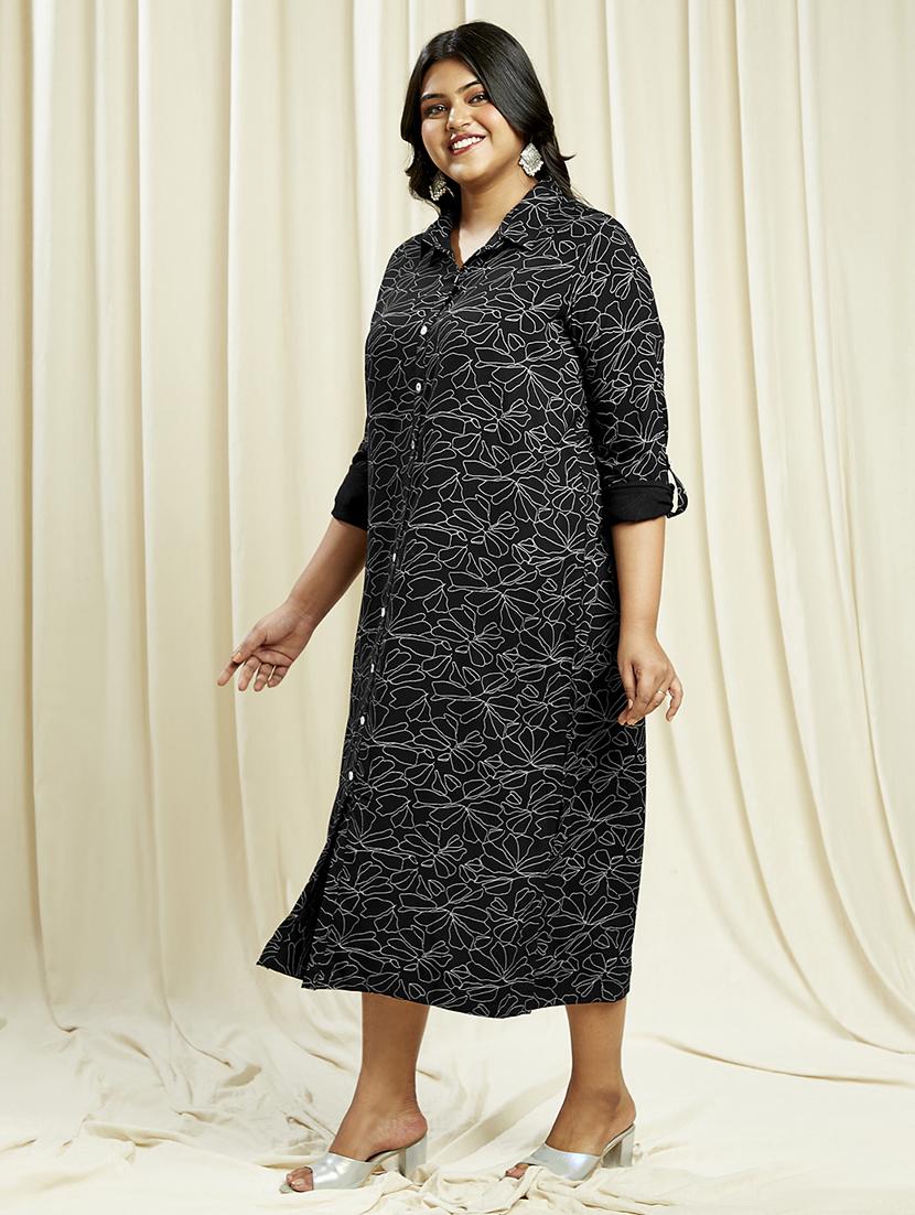 globus gloplus women black collared neck roll-up sleeves floral print front & side slits plus size midi shirt dress - 21910598 - Standard Image - 1