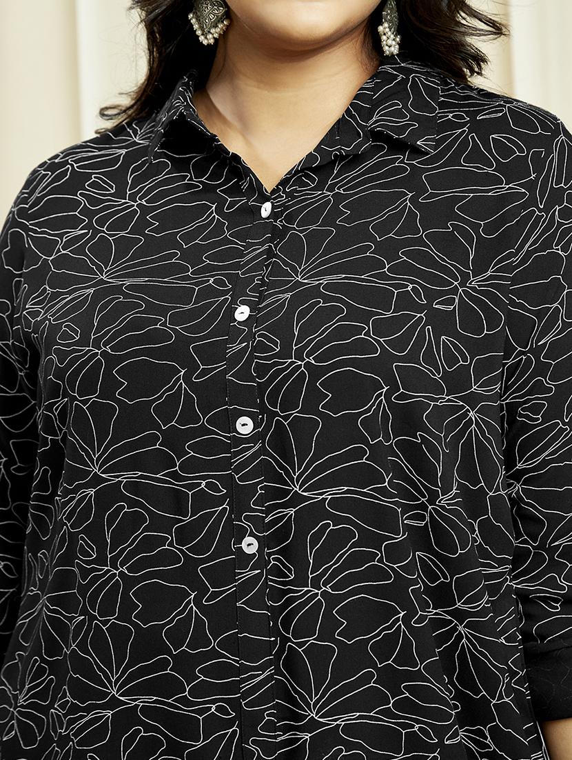 globus gloplus women black collared neck roll-up sleeves floral print front & side slits plus size midi shirt dress - 21910598 - Standard Image - 4