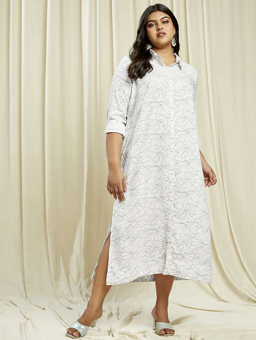 globus gloplus women white collared neck roll-up sleeves floral print front & side slits plus size midi shirt dress - 21910599 - Zoom Image - 0