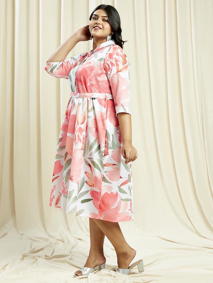 globus gloplus women off white shirt collar floral print gathered plus size a-line midi dress with belt - 21910604 - Standard Image - 1