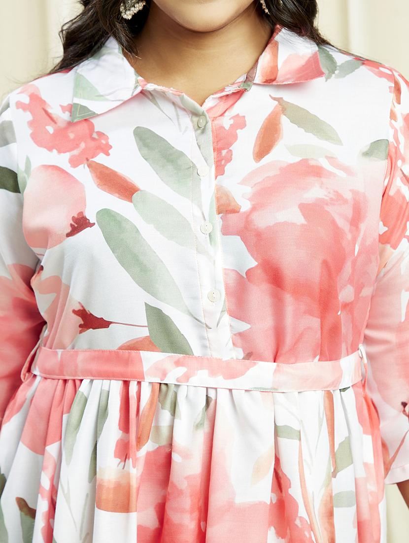 globus gloplus women off white shirt collar floral print gathered plus size a-line midi dress with belt - 21910604 - Standard Image - 4