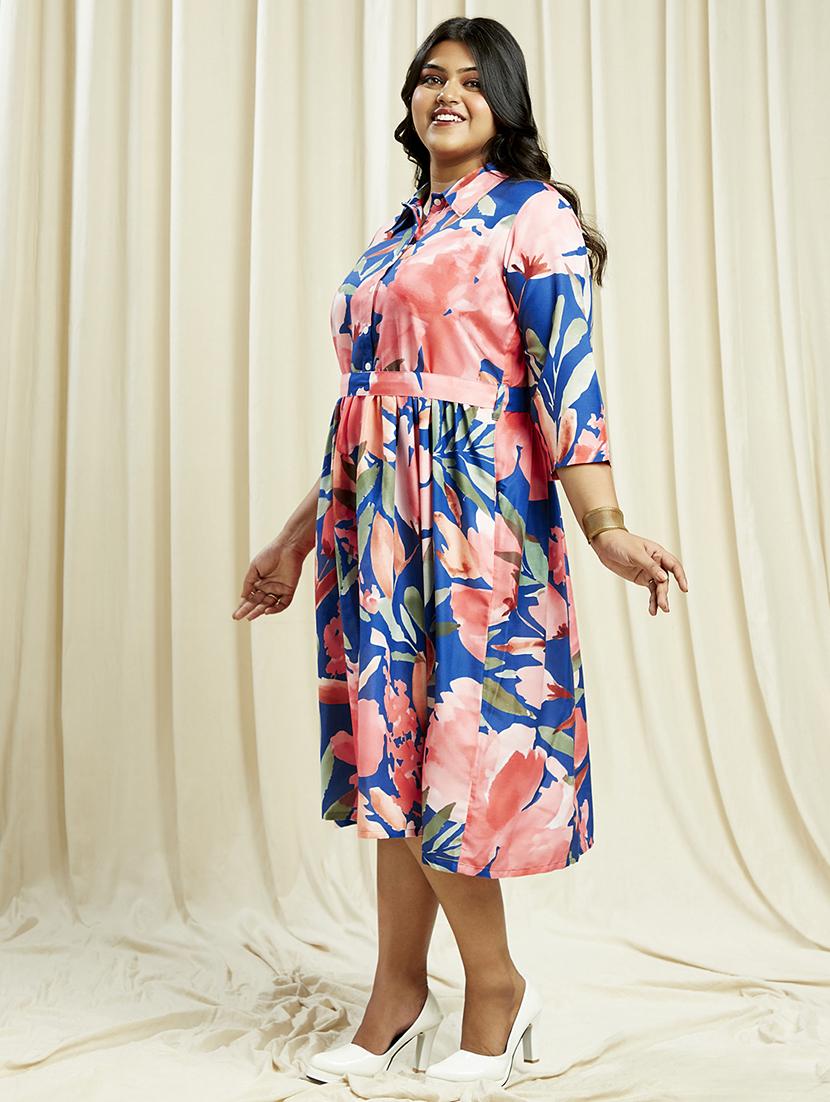 globus gloplus women blue shirt collar floral print gathered plus size a-line midi dress with belt - 21910605 -  Standard Image - 1