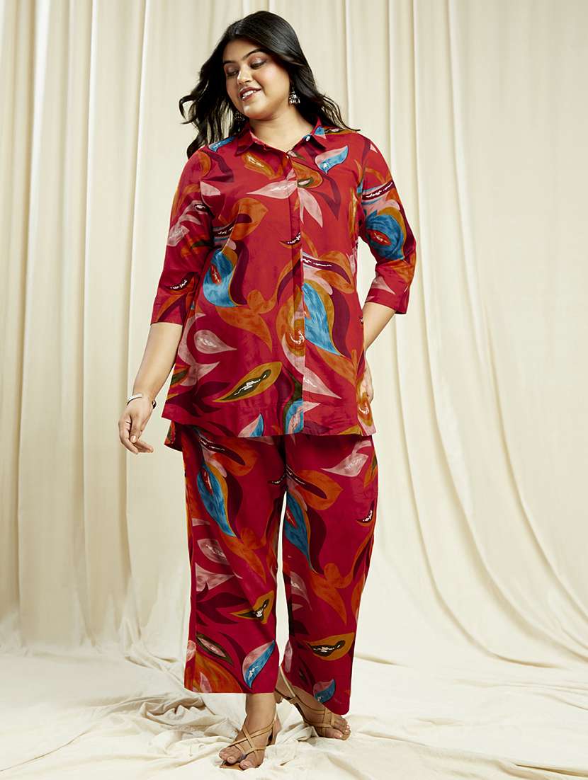 globus gloplus women red abstract print shirt style tunic with wide leg trousers plus size fusion co-ord set