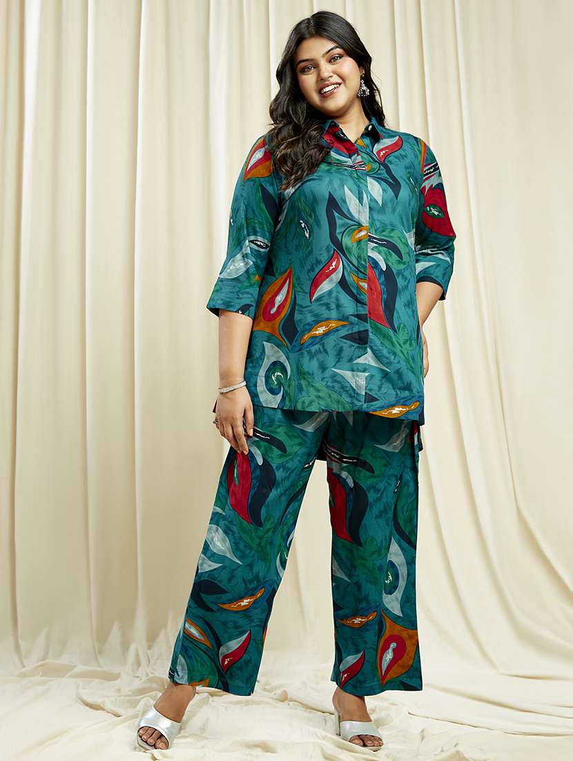 globus gloplus women teal abstract print shirt style tunic with wide leg trousers plus size fusion co-ord set