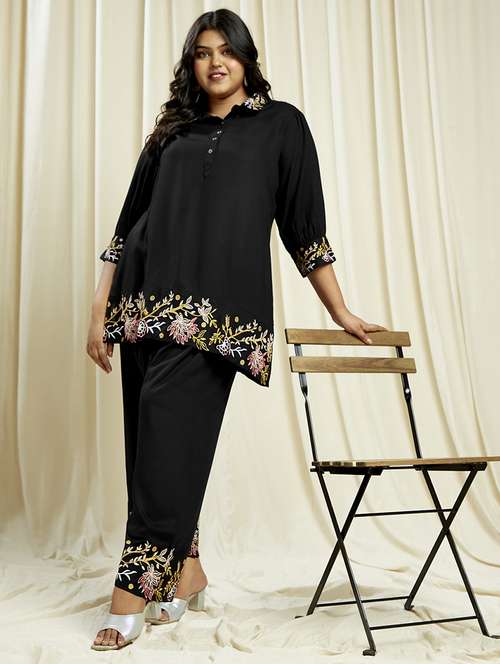 globus gloplus women black embroidered detail shirt style tunic with wide leg trousers plus size fusion co-ord set - 21910612 - Standard Image - 0