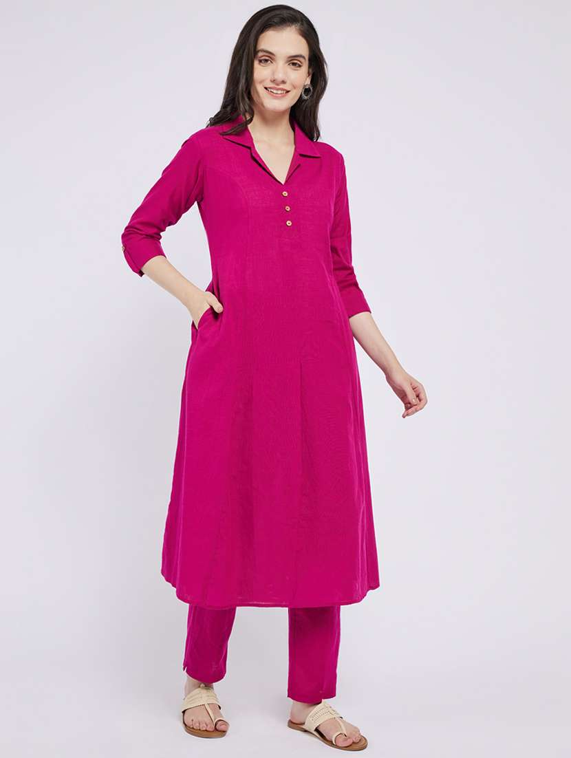 women solid three quarter sleeve a-line kurta