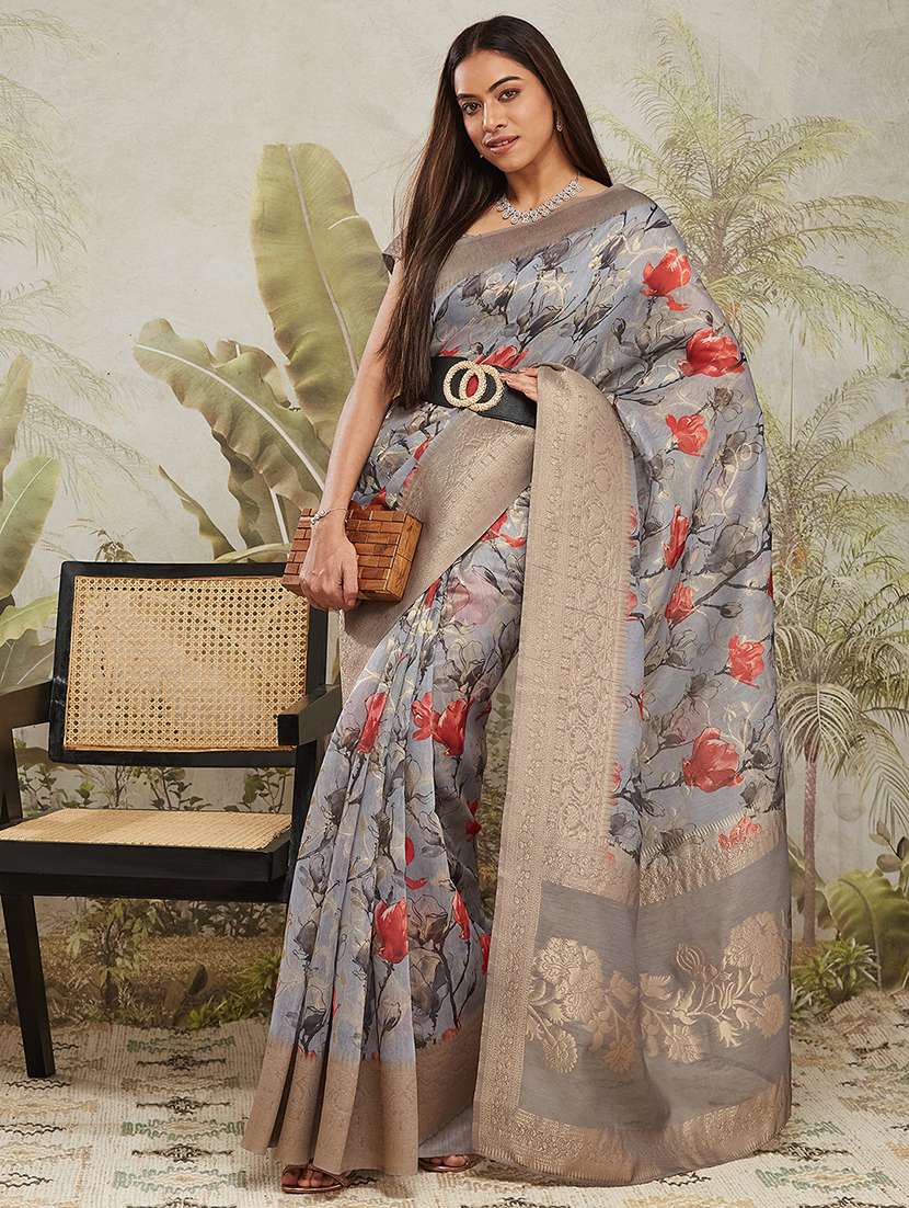women floral printed bordered saree with blouse
