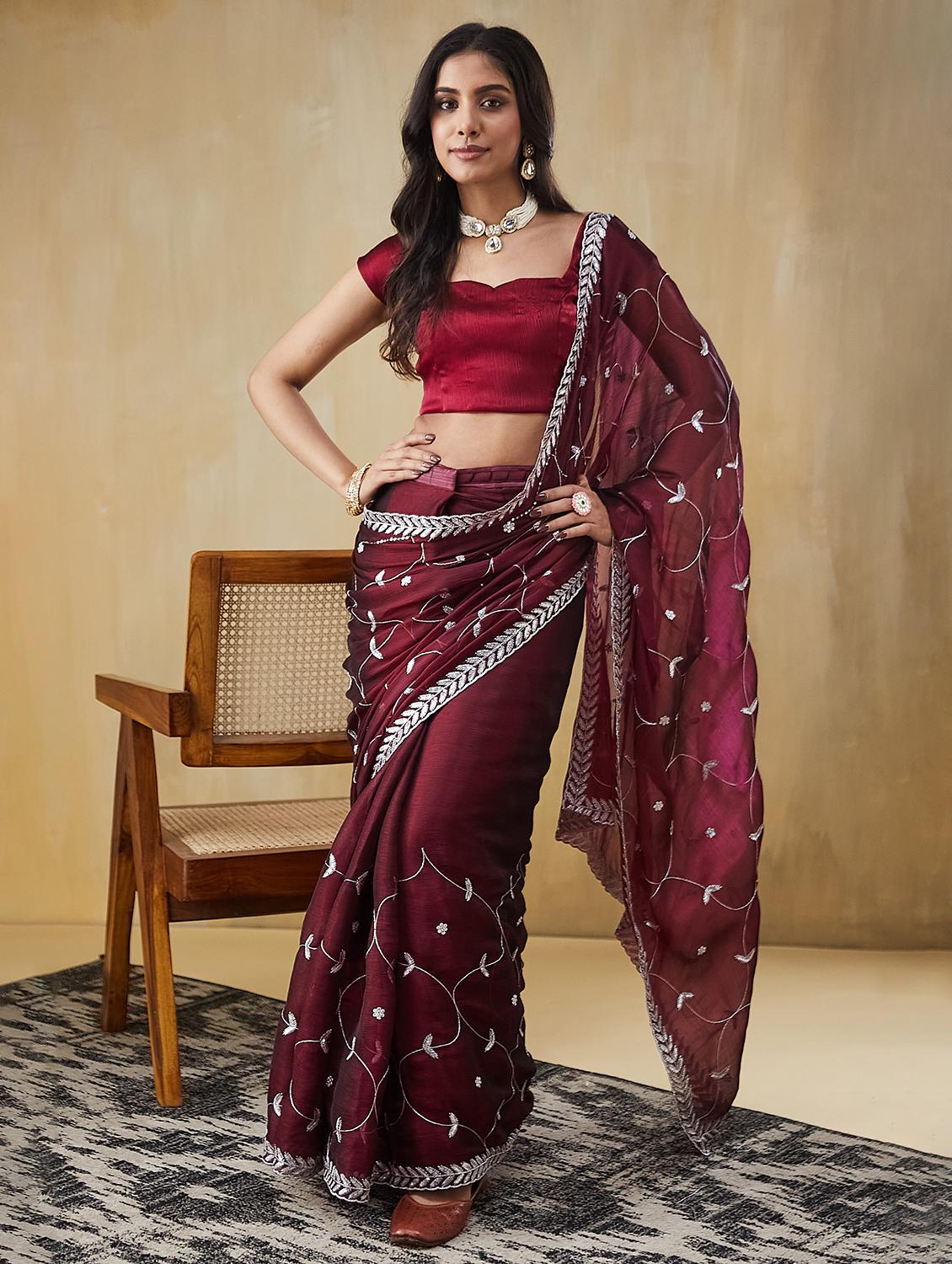 women embroidered ready to wear saree with blouse - 21911903 - Zoom Image - 0