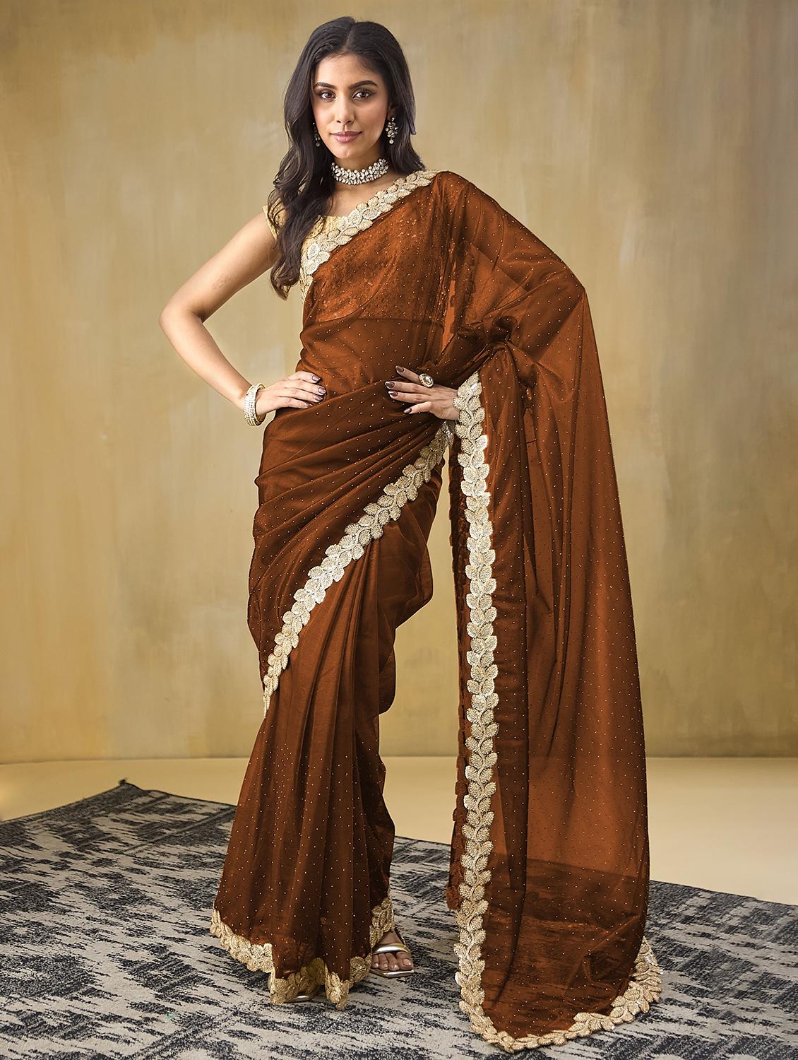 women brown ready to wear saree with blouse - 21911921 -  Zoom Image - 0