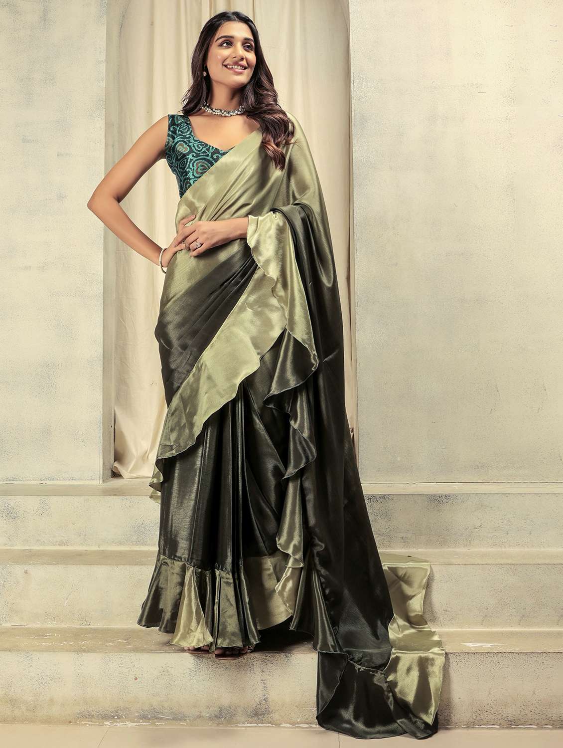 women ombre printed ready to wear saree with blouse