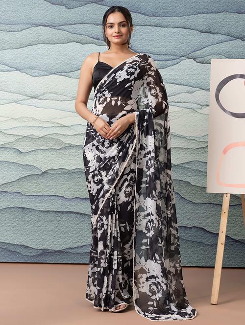 women black floral printed saree with blouse - 21911951 -  Standard Image - 0
