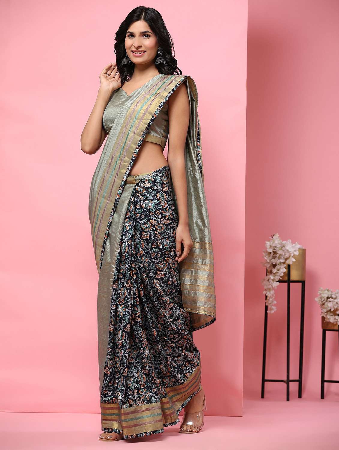 women floral printed half & half saree with blouse