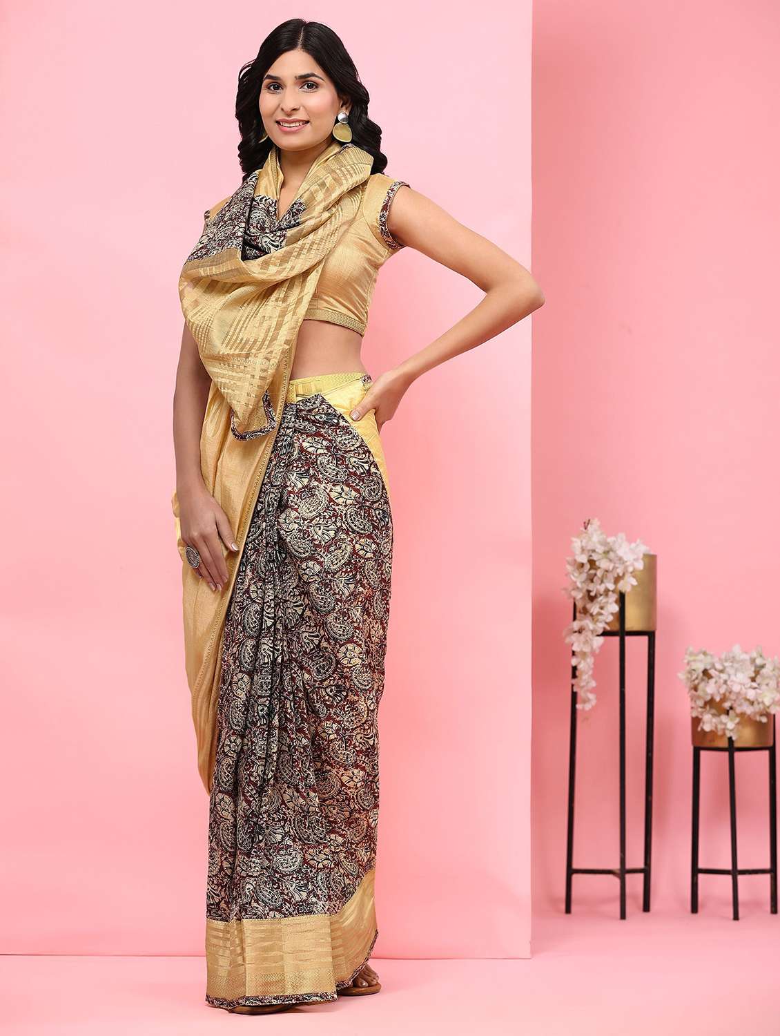 women printed half & half saree with blouse